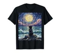 Black Labrador Starry Night Puppy at The Beach Artwork T-Shirt