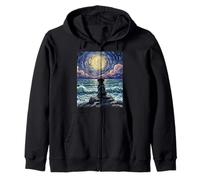 Black Labrador Starry Night Puppy at the Beach Artwork Zip Hoodie