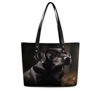 Black Labrador Tote Bag Large Soft Leather Purse with Zipper Lightweight Ladies Shoulder Handbag