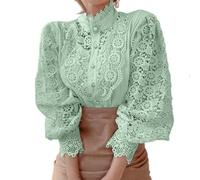 Black Lace Blouses for Women, Womens Elegant Lace Trim Blouse Casual Victorian Top Long Sleeve Button Down Tops Hollow Out Patchwork Ruffle Work Office Shirts Birthday Gifts for Women,Green,M,u17k