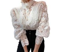 Black Lace Blouses for Women, Womens Elegant Lace Trim Blouse Casual Victorian Top Long Sleeve Button Down Tops Hollow Out Patchwork Ruffle Work Office Shirts Valentines Gifts for Her,White,XL,u37k