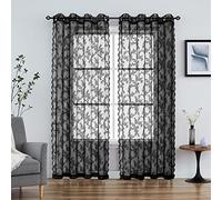 Black Lace Curtains for Bedroom 84 Inches Long Elegant French Rose Embroidered Sheer Curtain Panels Durable Floral Lace Fabric Grommet Window Treatment Drapes for Living Room, 55" w 2 Panels