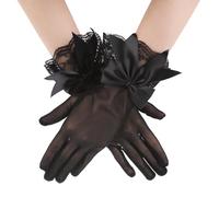 Black Lace Gloves for Women Ribbon Bow Sheer Gloves Short Ruffled Opera Glove Elegant Bridal Mittens for Dance Tea Party Wedding Halloween Costume