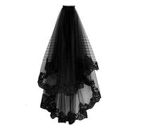 Black Lace Gothic Bride Veil - 2 Tier Elegant Wedding & Halloween Headdress with Comb - Soft Tulle, Short, Embroidered Edge, Elbow Length Women's Hen Party Veil
