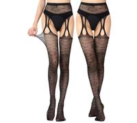 Black Lace Patterned Tights with Sheer Mesh & Adjustable Straps - High Waist Elegant Fishnet Stockings for Women, Comfortable Thigh High Pantyhose with Back Seam & Open Gusset for Evening Party Wear