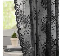 Black Lace Sheer Curtains- 63 inches Length- Goth Curtains for Bedroom Kitchen , Vintage Peony Floral, 2 Panels, Light Filtering, Witchy Gothic Haunted House Halloween Home Decor 52W x 63L Inch