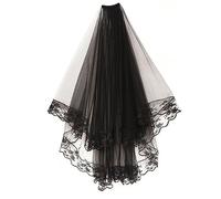Black Lace Veil Wedding Bridal Veil with Comb Halloween Party Headwear Gothic 2 Tier Black Veil Women Elbow Length Black Tulle Lace Edge Veil Soft Head Accessories