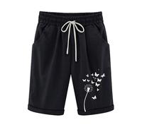 Black Ladies Knee Length Shorts Ladies Elastic Waist Cargo Pants Workout Athletic Jogging Shorts Straight Leg Trousers With Pockets Drawstring Cropped Trousers Dandelion Print Flared Leggings