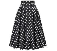 Black Ladies' Long Skirts - Midi, High Waisted, Polka Dot, Vintage, Flared, A Line, Swing, Elegant, Long Pleated Skirts