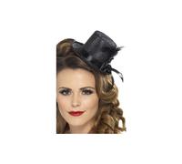 Black Ladies Mini Top Hat With Ribbon & Feather - mini hat black fancy dress feather tophat smiffys ribbon burlesque