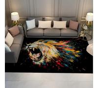 Black Large Rugs Living Room 100x150cm Wild Animal Graffiti Bedroom Rug Fierce Lion Head Pattern Area Rug Washable Non-slip Low Pile Carpet for Under Kitchen Tables Dormitory