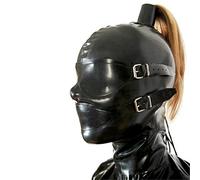 Black Latex Hood Mask with Blond Ponytail and Removable Blindfold Mouth Piece Back Zipper Open Eyes Mouth Nose (with Hollow Hair Tube, Medium, with Black Gag)