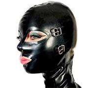 Black Latex Hood Mask with Removable Blindfold and Mouth Piece Gag Nose Nasal Tube Back Zipper Open Eyes Mouth Nose,Black 0.8mm Thick,X-Large