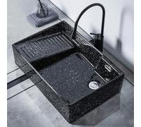 Black Laundry Sink with Washboard, Ceramic Vanity Vessel Sinks for Bathrooms with Faucet and Drain Set, Suitable for Bathrooms, Toilets, Balconies(51x38x13.5cm/20.1x15x5.3in)