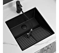Black Laundry Sink with Washboard, Modern Ceramic Bathroom Sinks Undermount with Faucet, Drain Set and Mounting Screws for Balconies, Laundry Rooms(Black,47x47x22cm/18.5x18.5x8.7in)