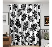 Black Leaf Curtains Blackout, 66x72 Inch 2 Panels - White Botanical Pattern Black Out Curtains, Home Decor, 72 Drop Eyelet Window Drapes for Bedroom, Living Room FH6