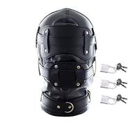 Black Leather Bondage Mask Hood,Full Face Blinder Detachable Cover Eye Dildo Mouth Gag Head Hood, for Unisex Adult Play (Short Mouth Gag)