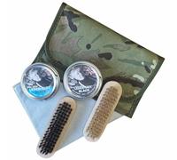 Black Leather Boot Care Kit - 1x 50ml Black Leder Glos, 1x 50ml Black Leder Gris Wax, 2x Superior Brushes, 1x Large Woly Cloth, 1x Heavy-Duty Camouflage Tactical Pouch