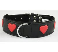 Black Leather Collar For Staffy Staffordshire Bull Terrier Bulldog With Red Hearts 6 Sizes (16-20 Inch - 2 Inch Wide)