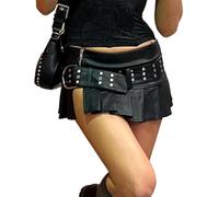 Black Leather Mini Skirts for Women Sexy Studded Belt Pleated e-Girl Low Waist Short Skir (M)