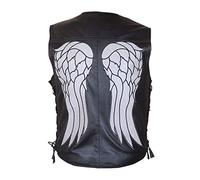 Black Leather Motorcycle Vest with Angel Wings Design, Side Lace-Up Details