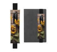 Black Leather Pen Holder Bookmark JKIEGOQ Three Sunflowers on Wooden Picture Adjustable Elastic Band 8.3-1.8 inch for notebooks Diaries Hardcover Journal