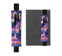 Black Leather Pen Holder Bookmark WHJSHOP Las Vegas Night City Picture Adjustable Elastic Band 8.3-1.8 in for notebooks Diaries Manuals Planners