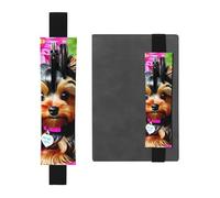 Black Leather Pen Holder Bookmark WHJSHOP Yorkie Dog Floral Picture Adjustable Elastic Band 8.3-1.8 in for notebooks Diaries Manuals Planners