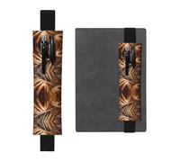 Black Leather Pen Holder Bookmark WZYWHJ Dark Brown Palm Leaves Printed - Premium PVC Leather Elastic Band Design for Notebooks, Journals, and Planners