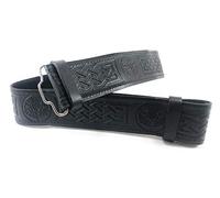 Black Leather Scottish Highland Kilt Belt With Thistle Embossed Design - Black - Extra Wide