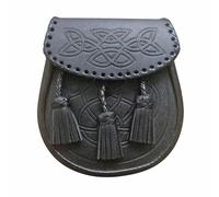 Black Leather Sporran with Chain Strap, Celtic Knot Design, Traditional Triple Tassel, Complete Set for Scottish Kilts,