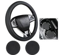Black Leather Steering Wheel Cover + 2 Coasters - Universal 37-38cm Sporty | Complete Set Black-Stitch Leather Steering Wheel Cover + 2 Anti-Slip Car Coasters - Universal 37-38cm Fit & Snug Grip