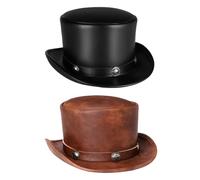 Black Leather Top Hat for Men||Magician Hat Formal Short Brim Top Hats for Men Women PU Leather Steampunk Top Hat for Plague Doctor Costume Free Size Top Hat for Halloween, Show, Cosplay, Black