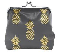 Black Leather Wallet with Gold Pineapple and Coin Pockets Cute Floral Print Kiss Coin Lock for Girls Golden Black Pineapple Classic Pineapple Gold Black Classic, Pineapple Gold Black, Classic