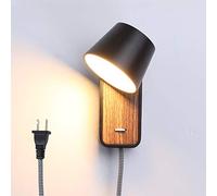 Black LED Wall Lamp with Plug in Cord for Bedrooms Hallway Living Room, Indoor Contemporary Mounted Lighting Fixture,Nordic Bedside Rotatable Reading Lights, Up Down Wooden Sconces with Switch