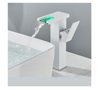 Black LED Waterfall Basin Bathroom Faucet Deck Mounted Hot Cold Water Mixer Taps Three Color Change by Flow(White B)