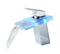 Black LED Waterfall Basin Faucet Bathroom Mixer Tap with Color Changing Temperature Deck Mounted Glass Sink Tap for Kitchen & Bathroom