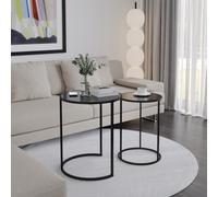 (Black Legs Black Glass) 2 Pcs Round Nesting Side Tables Set Tempered Glass Top Metal Leg Coffee Tables