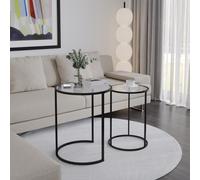 (Black Legs Transparent Glass) 2 Pcs Round Nesting Side Tables Set Tempered Glass Top Metal Leg Coffee Tables