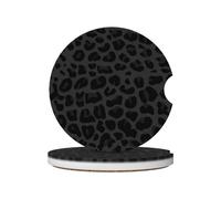 Black Leopard Car Coasters, Cheetah Print 2 Pack Ceramic Car Cup Holder Coasters, Absorbent Drink Coasters with A Finger Notch and Cork Base, Car Interior Accessories for Women Men