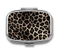 Black Leopard Print Pill Box 2 Compartment, Portable Pill Case with Mirror for Pocket Purse Travel, Mini Metal Medicine Organizer for Vitamins Fish Oil
