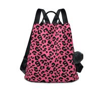 Black Leopard Spots Bright Pink Backpack for Travel and Shopping, Polyester Daypack with Back Zipper Pocket, Pom Pom
