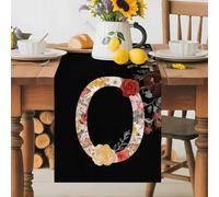 Black Letter O Flower Table Runner 16x72 Inches Long Watercolor Alphabet O Pink Beige Floral Leaf Cotton Linen Table Runner Burlap Style for Dinner Table Party Decor Tabletop Decorations