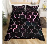 Black Light Pink Honeycomb Duvet Cover Neon Hexagon Comforter Cover Geometric Beehive Single Bedding Sets for Boys,Abstract Line Art Bed Set Modern Room Decor