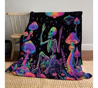 Black Light Poster Flannel Fleece Blanket 200x240cm - Super Soft & Cosy Throws in Neon Purple - Skull Psychedelic Mushrooms Throw Blanket for Kids and Adult Couches, Bed Decor