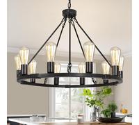 Black Light Shade Farmhouse Chandelier, 10-Light Wagon Wheel Chandelier with Adjustable Height, Large Ceiling Light Fixture with E27 Dimmable Base, Hanging Ceiling Lights for Living Room, Dining Room