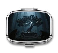 Black Light Tree of Life Small Pill Box for Purse Travel Essentials Metal Pill Case 2 Compartments Compact Medicine Container Portable Daily Pill Organizer for Vitamins Fish Oils