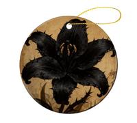 Black Lily Gothic Christmas Ornaments Personalized Christmas Tree Ornaments Round Ceramic Xmas Pendant Keepsake Gift Ornament for Xmas Tree Winter Holiday