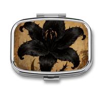 Black Lily Gothic Pill Box 2 Compartment Square Metal Pill Organizer Portable Mini Travel Medicine Case with Mirror Cute Medicine Container Holder for Pocket Purse