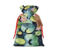 Black Lily Pads Print Festive Red Drawstring Bag, Small Favors Pouch Ideal For Christmas Party Gifting-S Size